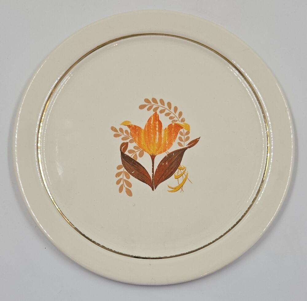 Bakerite Oven-Tested Plate White/Orange/Brown/Yellow 22K Gold "Modern Tulip"